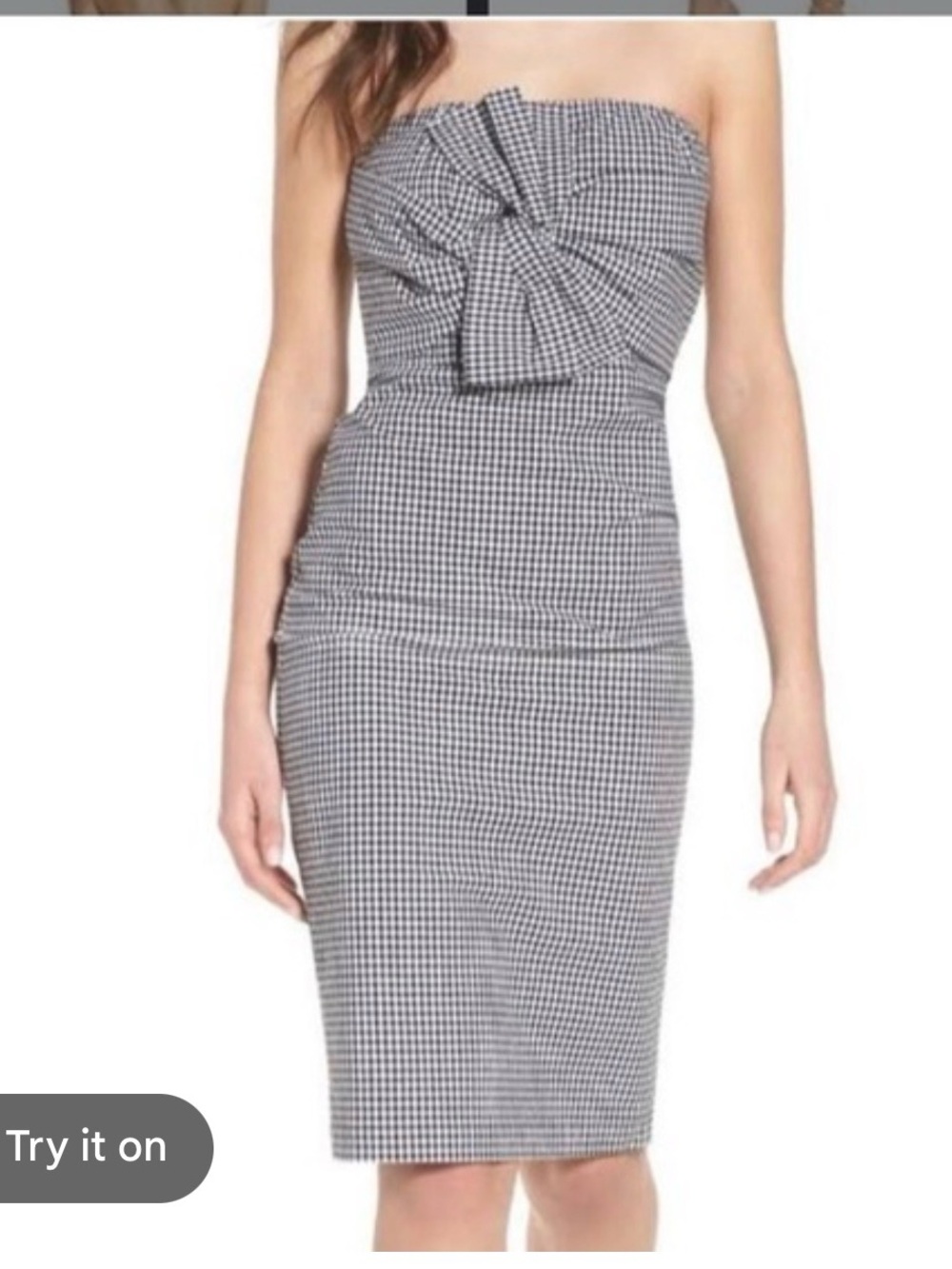 Leith Black and White Gingham Strapless Pencil Dress with Front Bow